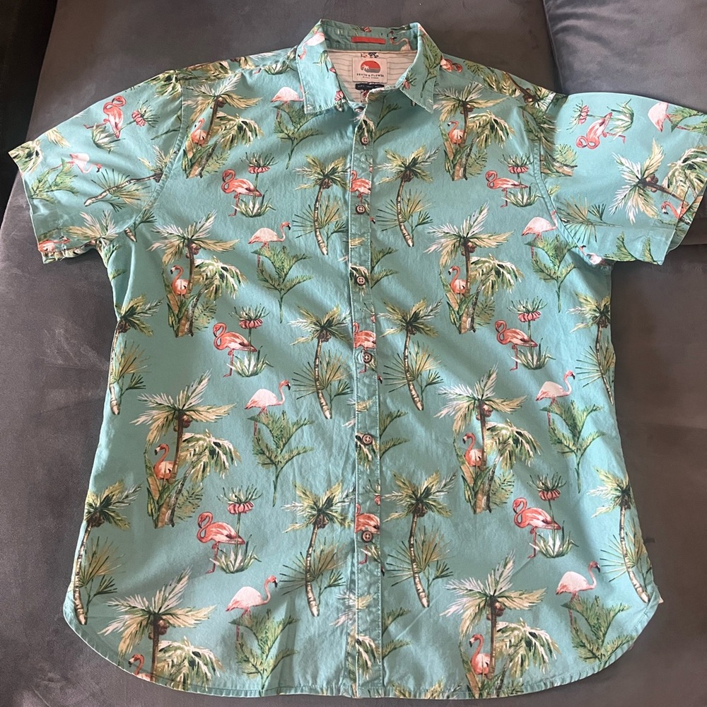 Green Flamingo Hawaiian Print Button Up, size L.